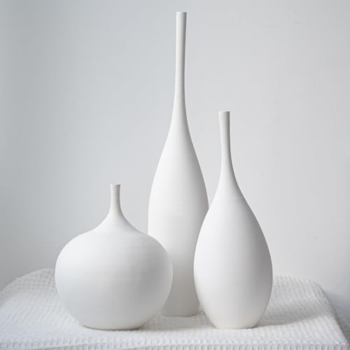 Relexome White Ceramic Vase Modern Boho Wabi-Sabi Flower Vase Set of 3 Decorative Aesthetic Vases for Centerpieces Pampas Matte Minimalist Vases for Living Room Table Shelf Home Decor Gift