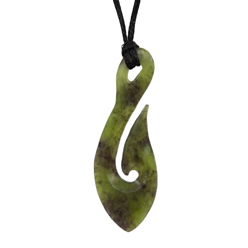 100% New Zealand Jade Necklace for Men and Women, Hand Carved Maori Necklace Jade Pendant for Men With Black Adjustable Cord, Pounamu Green Stone Jewelry, Fish Hook Nephrite Jade Pendant 2in (50mm)