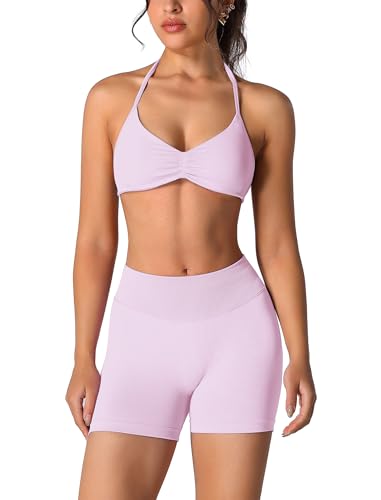 ABOCIW Pink Workout Sets for Women 2 Piece Seamless Scrunch Butt Lifting High Waist Impact Gym Shorts Matching Halter Sports Bra Active Wear Yoga Outfits #1 Pink Small