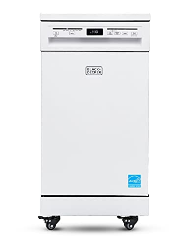 BLACK+DECKER 18” Portable Dishwasher, Compact Dish Washer with 8-Place Setting Capacity, Stainless Steel Tub, 6 Wash Programs, Worktop Space, Mobile Dishwasher with Casters, Faucet Connect, White