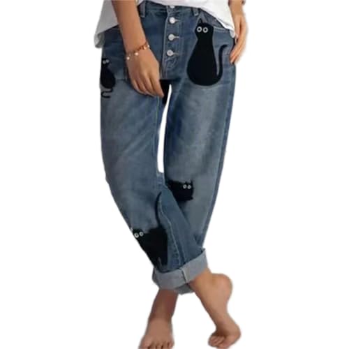 Women’s Straight Leg Jean Mid Rise Buttons Casual Loose Cute Cats Graphic Denim Pants with Pockets