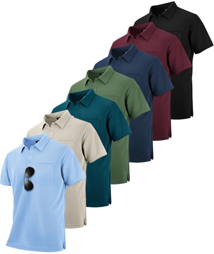 SCODI 7 Pack Polo Shirts for Men with Pocket Moisture Wicking Golf Polo Shirt Short Sleeve Outdoor Work Tactical Tshirt Navy Black Green lightkhaki WineRed lightblue tealblue L