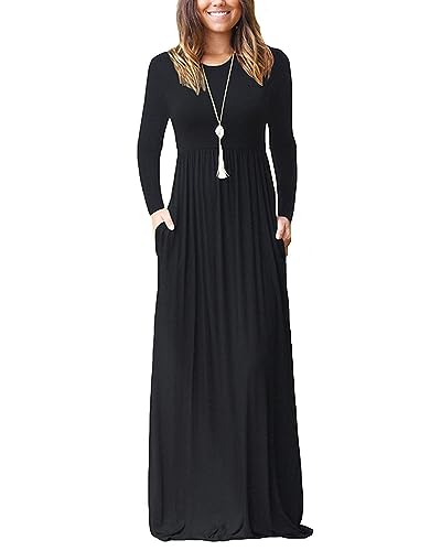 AUSELILY Women's Long Sleeve Dress Loose Plain Long Casual Maxi Dresses with Pockets 2025 New Black S