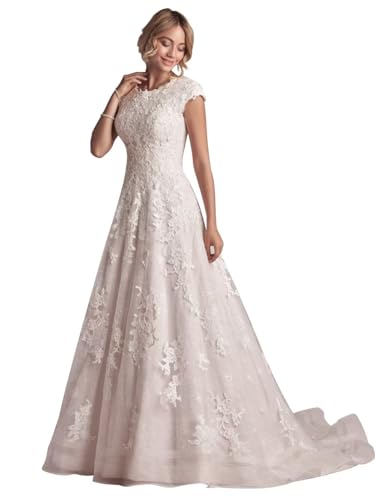 Modest A-Line Lace Wedding Gown with Long Train Luxury Beaded Embroided Full Lace Bridal Dresses for Women 2024 Ivory Size 20