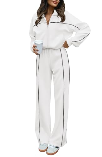 BTFBM Women's Two Piece Tracksuit Fall 2025 Long Sleeve Zip Up Sweatshirt Long Pants Outfits Jogger Sweatsuit Sets(Solid White,Medium)