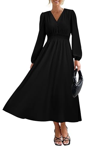 PRTTYGARDEN Womens Long Sleeve Maxi Dress 2025 Fall Trendy Elegant V Neck Flowy Wedding Guest Holiday Formal Long Dresses (Black,Large)