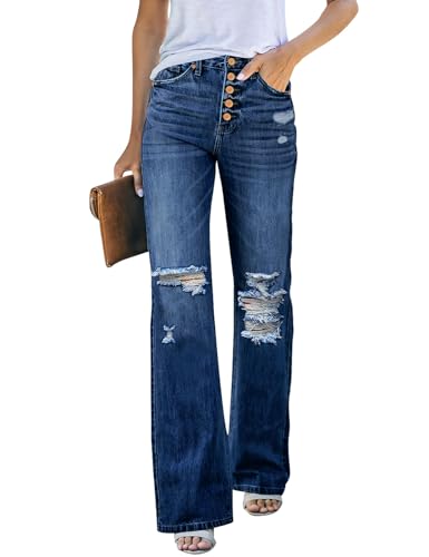 LookbookStore Rip Jeans for Teen Girls Trendy Baggy 80 Styles Clothing for Women Pull On Flare Jeans for Women Dark Blue Size Large Fits Size 12 / 14