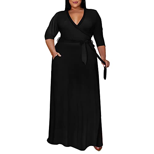 Runwind Plus Size Dress for Women - 3/4 Sleeve V Neck Maxi Dresses for Women Black 2XL