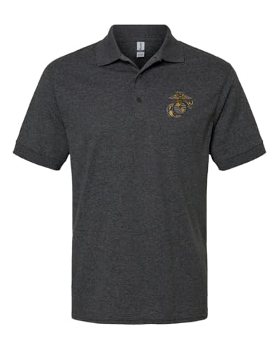 USMC EGA Eagle Anchor Globe Official Emblem Embroidered Mens Polo Shirt United States Marine Corps Licensed (X-Large, Dark Heather Grey)