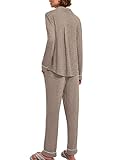 Ekouaer Sleeping Wear Womens Nighty Set Comfy Stretchy Pajamas Plus Size Long Sleeve Nightwear Pjs Light Grey Khaki,XX-Large