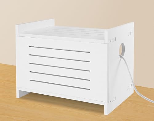conglow White Router Shelf & Projector Stand - Solid Wood Wall-Mount Storage Box for Modem, Power Strip, WiFi Router, Cable Organizer with Ventilation Easy Assembly