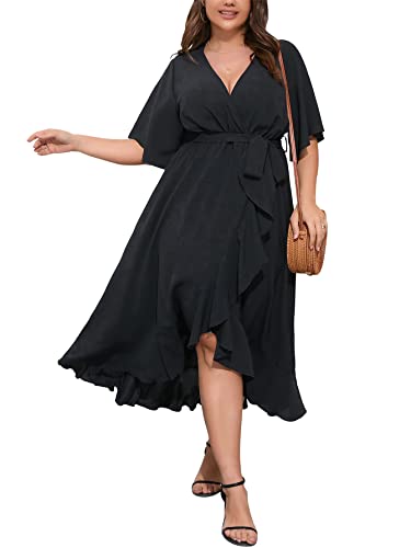 SCOMCHIC Women Plus Size Maxi Dress Short Sleeve Wrap V Neck High Low Split Ruffle Long Dress Black