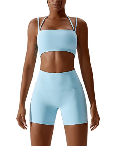 ABOCIW Workout Sets for Women Halter Bandeau Sport Bra Crop Tops High Waist Booty Shorts 2 Piece Gym Set Fitness Yoga Outfits Z-Light Blue Medium