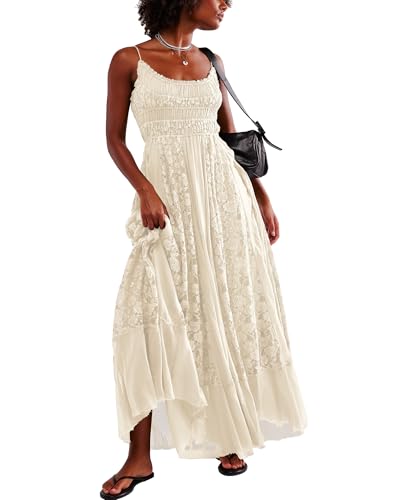 Gacaky Summer Dress for Women Casual Lace Floral Embroidered Bohemian Maxi Dress Flowy A Line Beach Long Dresses Beige Large