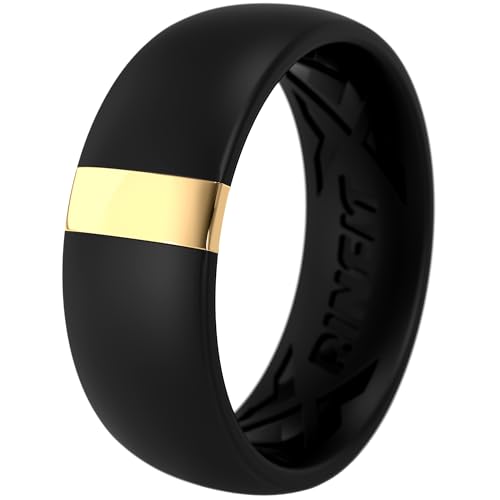 Rinfit Silicone Wedding Band Men - Classic Rounded Rubber Ring with Stainless Steel Metal Line - MetalBar Design Patent Pending - Black/Gold, Size 11