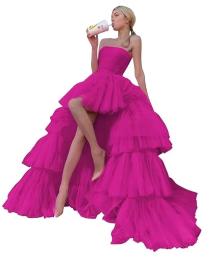 High Low Prom Dresses Ruffled Tulle Ball Gowns Long Formal Evening Dress Strapless Sweet 16 Party Gown Fuchsia