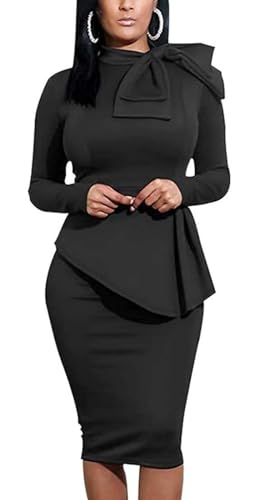 Women's Fashion Peplum Bodycon Long Sleeve Work Dresses Bow Club Ruffle Pencil Formal Cocktail Dress Black X-Large