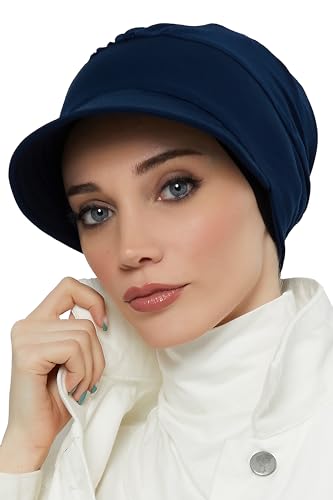 Aisha's Design Newsboy Cotton Visor Turban Hat for Women,%95 Cotton Plain Casual Bonnet-Hat Scarf Cap Sun Protective Women Hijab Chemo Head Cover, Navy Blue