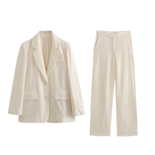 Women's Blazer Pants Sets Loose Office Wrinkle Effect Suit Coat High Waist Straight Trouser Two Piece