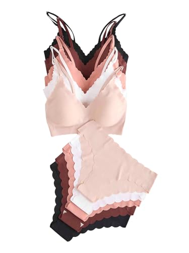 Verdusa Women's 5 Sets Seamless Lingerie Set V Neck Padded Bra and Panty Set Black Red and Beige Medium