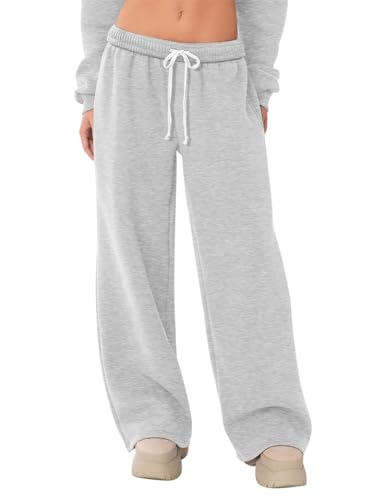 HeSaYep Women's Fleece Lined Sweatpants Wide Leg Baggy High Waisted Sweat Pants Drawstring Lounge Trousers Y2K Straight Leg Sherpa Pants Grey S