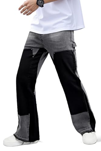 GINGTTO Mens Flare Jeans Stacked Bootcut Bell Bottom Denim Jeans for Men Wide Leg Hip Hop Streetwear Black Grey 32