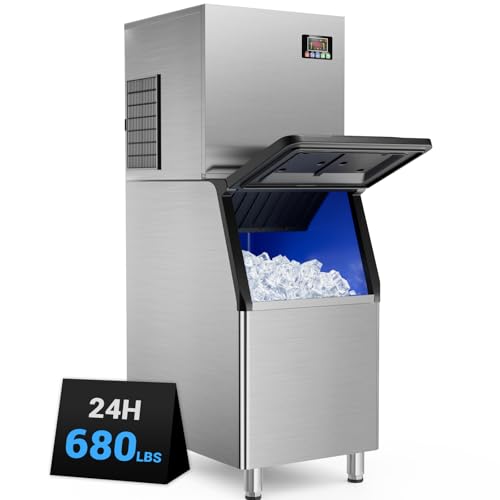 Commercial Ice Machine 680LBS/24H,Storage 560LBS,Large Industrial Ice Maker,Ice Ready in 5-15min,with Self-Cleaning Mode,with Timing Function,30 Levels of Ice Thickness Adjustment,Stainless Steel