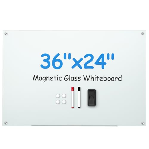 VUSIGN Glass Whiteboard 36" x 24" Magnetic Dry Erase for Office, School, Home, Frameless Mounting, Includes 4 Magnets, 2 Markers and 1 Erasers