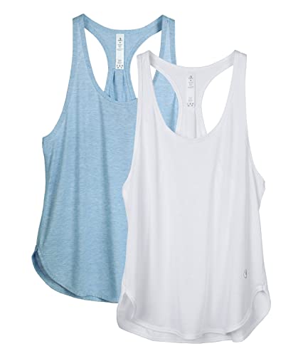 icyzone Workout Tank Tops for Women - Athletic Yoga Tops, Racerback Running Tank Top (S, White/Sky Blue)