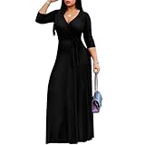 FANDEE Plus Size Maxi Dress for Women - Casual Summer Sundress V-Neck 3/4 Sleeve Solid Black L