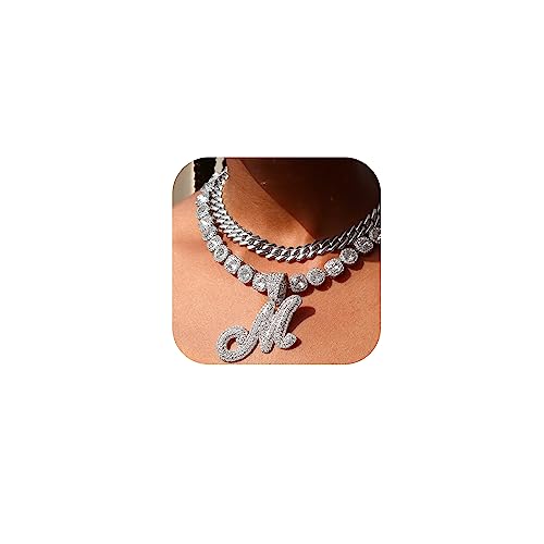 2pcs Cuban Link Chain for Women Cursive Silver Initial Necklace Cuban Link Necklace for Women Hip Hop Iced Out Chain Necklace Bling Diamond 14mm Chain Letter Name Hip Hop Jewelry Gift (M, Silver)