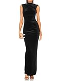 Capuffy Women Backless Velvet Maxi Dress Back Slit Ruched Bodycon Formal Dress High Neck Cocktail Party Dress 091(Small,Black)