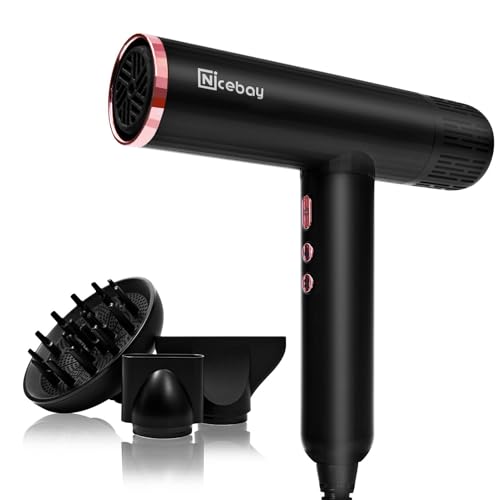 Nicebay Ionic Hair Dryer with Diffuser, Professional Blow Dryer with 3 Attachments, 110000RPM High-Speed Brushless Motor for Fast Drying, Lightweight, Low Noise, 1600W