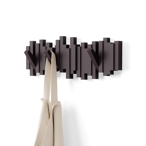 Umbra Sticks Wall-Mounted Coat Rack Rail Hook with 5 Retractable Pegs – Modern, Space-Saving Storage Organizer, Espresso
