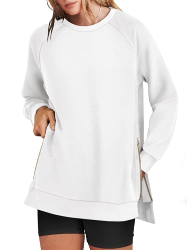 ANRABESS Women's Oversized Sweatshirts Crewneck Long Sleeve Tunic Pullover Shirts Side Zipper Hoodies 2025 Fall Clothes White X-Large