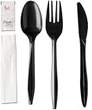 450 Plastic Cutlery Packets - Knife Fork Spoon Napkin Salt Pepper Sets | Black Plastic Silverware Sets Individually Wrapped Cutlery Kits, Plastic Utensil Cutlery Set Disposable Bulk To Go Silverware