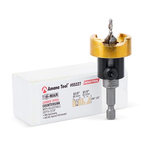 Amana Tool 55227 Carbide Tipped 82 Degree Countersink Set with Adjustable Drill Bit Depth Stop and No-Thrust Ball Bearing 3/8 Dia x 1/8 Drill Dia x 1/4 Inch Quick Release Hex Shank