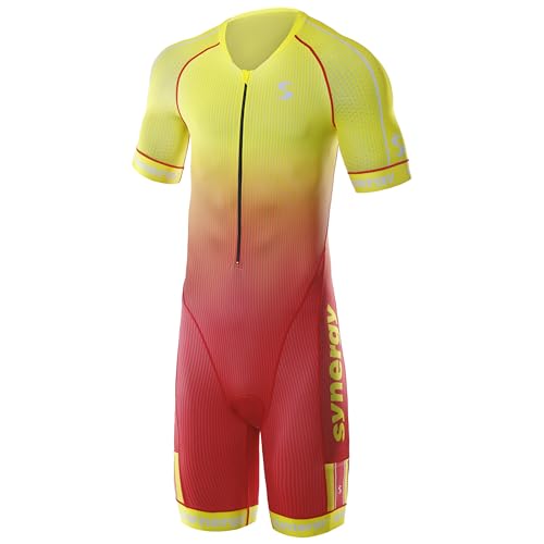 Synergy Triathlon Tri Suit - Men's Elite Short Sleeve Trisuit Cycling Skinsuit (Sunset Red, Large)
