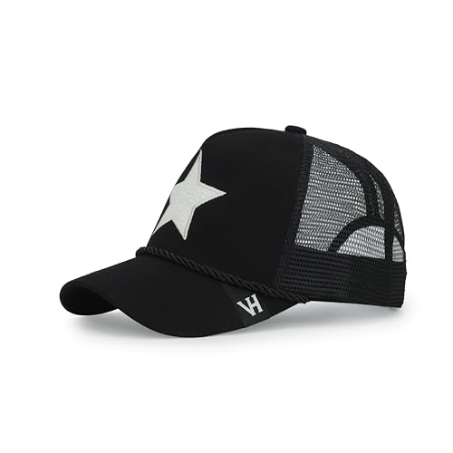 Vintage Havana Black Trucker Hats Women White Pearl Embellished Star & Rope | Mesh Adjustable Snapback Hat | Men Women Baseball Cap