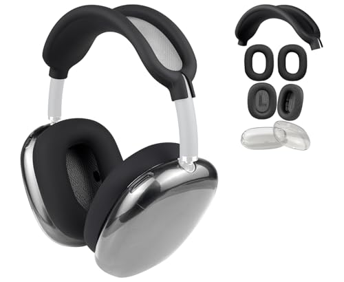 SOPROM Replacement Kit for AirPods Max, Mesh Fabric Earpads + Headband Cover + TPU Case Protector + Silicone Ear Pads Cover, Sweatproof Accessory, Anti-Scratch, Cushions with Softer Foam (Black)