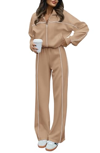 BTFBM Women's Two Piece Tracksuit Fall 2025 Long Sleeve Zip Up Sweatshirt Long Pants Outfits Jogger Sweatsuit Sets(Khaki,Small)