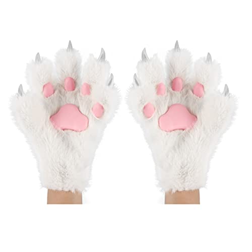 HAOAN Wolf Paw Gloves Faux Fur Cat Fingerless Mittens Winter Warm Cosplay Halloween Fancy Party Costume Accessories (white01)