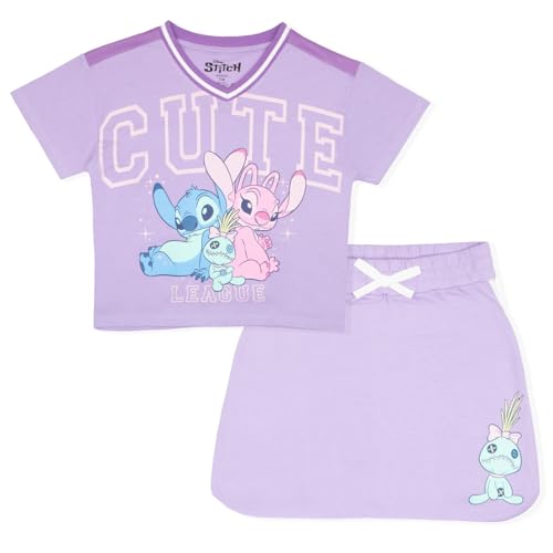 Disney Lilo & Stitch Girls 2-Piece Set - Casual Short Sleeve Stitch and Angel Graphic Print T-Shirt and Skort Bundle for Kids (Purple, Size 10/12)