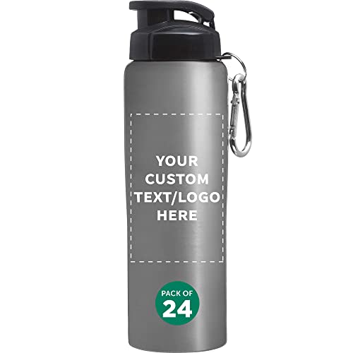 DISCOUNT PROMOS Custom Sicilia Stainless Steel Sports Bottles 27 oz. Set of 24, Personalized Bulk Pack - Non Insulated, Great for Gym, Hiking, Cycling, School - Silver