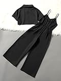 OYOANGLE Girl's 2 Piece Outfits Short Sleeve Button Down Shirt Crop Top And Wide Leg Pants Jumpsuit Set Black 13-14Y