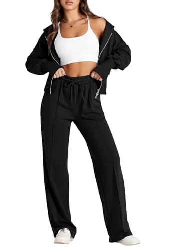Herseas Womens Casual Workout Set Fall Fashion 2024 Winter Full Zip Hoodie Workout Pants Sweatsuit Jogging Suits Airport Travel Black Outfit Loungewear Small 4 6