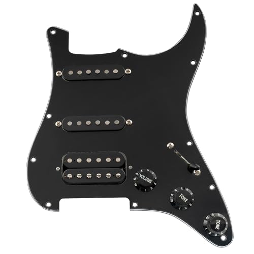 Musiclily Pro Auto-Split HSS Loaded Pickguard ST Prewired Pickguard with Artec Alnico 5 Single Coil Humbucker Pickups for American/Mexico Import Squier Strat Electric Guitar, 3ply Black