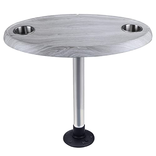 Marine Thread - Lock Table Package - Oval - Boat Table Leg Set. Pontoon Boat Acc. Pedestal Table. Extra-Large Removable Table. Built-in Cup Holders (Silver Fringe)