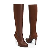 Modatope Brown Knee High Platform Boots for Women Round Toe Tall Boots Stiletto Heel Long Boots Zipper Platform Brown Boots Size 8.5