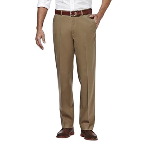 Haggar mens Premium No Iron Khaki Classic Fit Expandable Waist Flat Front dress pants, British Khaki, 36W x 29L US